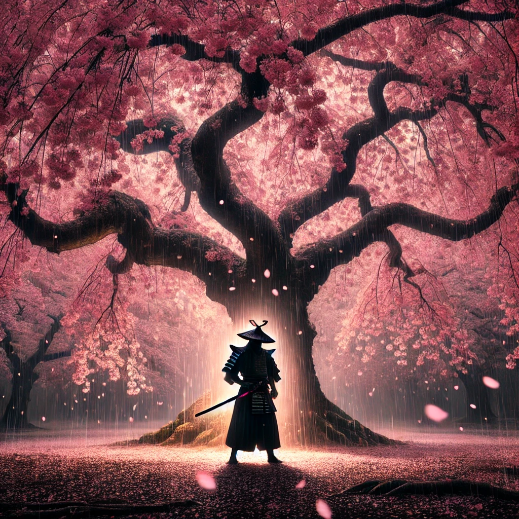 DALL_E_2024-09-13_20.00.53_-_Beneath_a_large_cherry_blossom_tree_in_full_bloom_the_samurai_stands_in_a_pose_of_quiet_reflection._Petals_fall_like_pink_rain_around_him_and_real_r.png